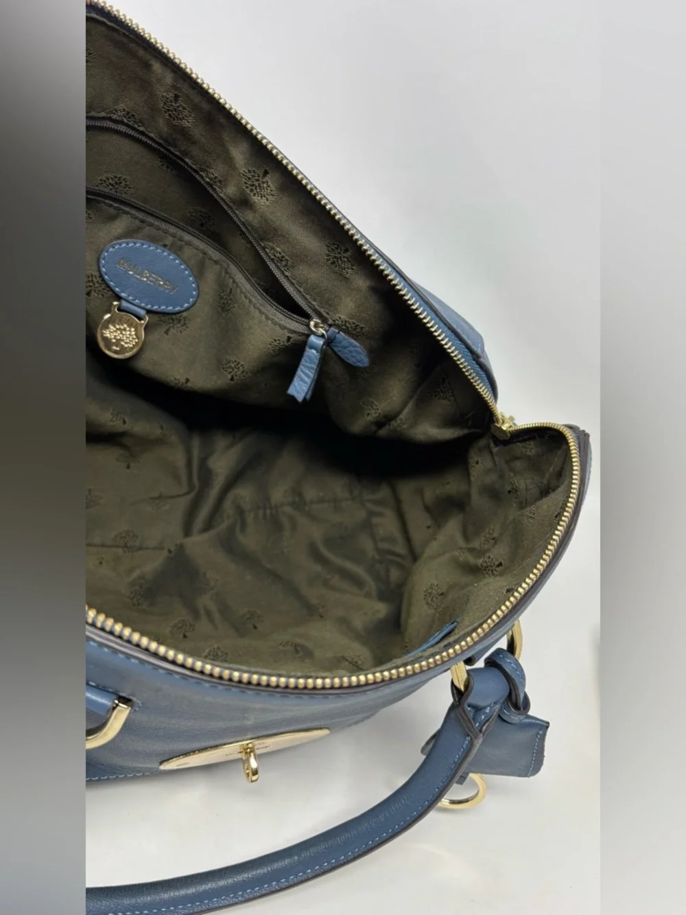 Mulberry Del Rey Slate Blue Leather Satchel Top Handle Bag Gold Hardware Medium